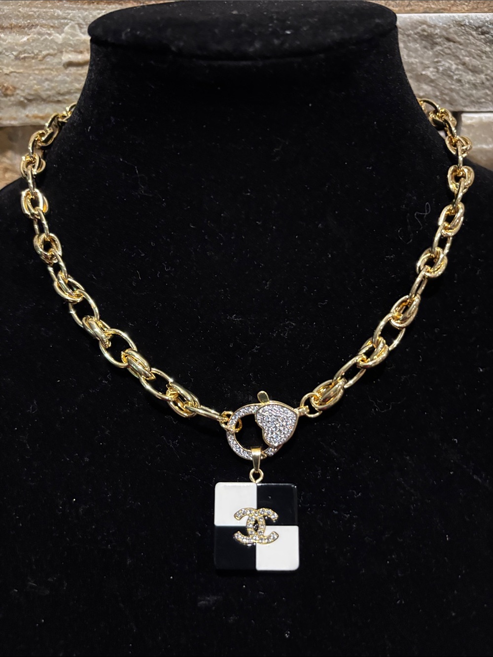 Gold-Tone Chain Necklace with Black & White CC Pendant